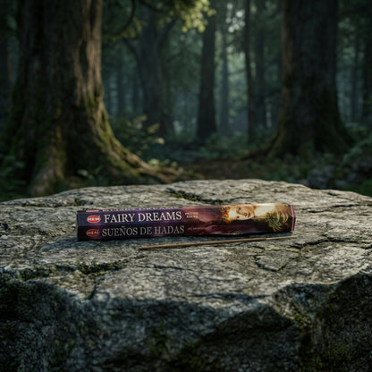 Small incense stick on textured stone with twilight forest background, emphasizing mystic and dreamwork theme.
