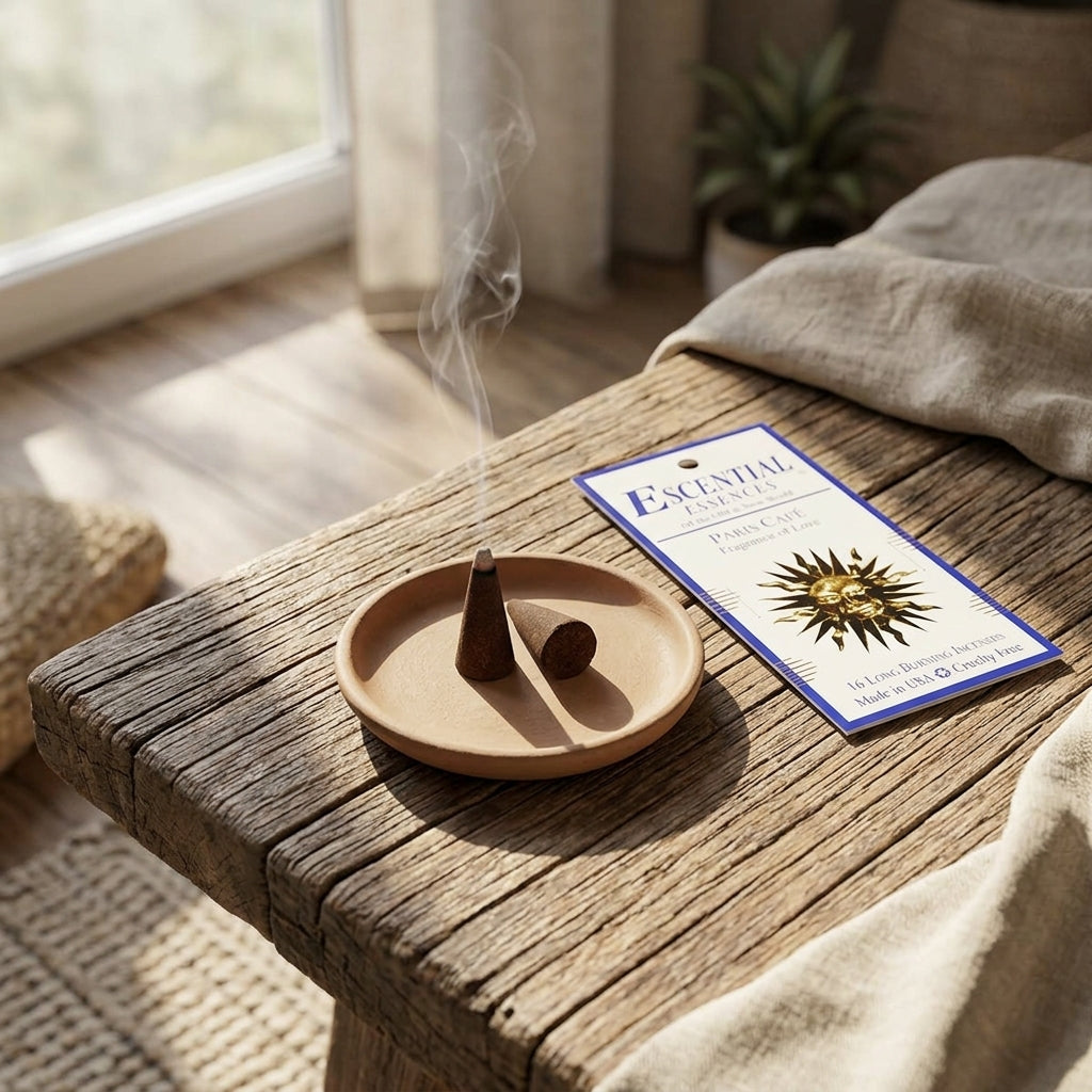 Tiny Paris Cafe incense cone in clay holder on reclaimed wood, exuding tranquil ritual energy.