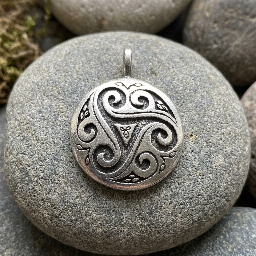 Small detailed pewter triskele shield amulet resting on natural stone surface, highlighting fine metallic sheen and intricate design.