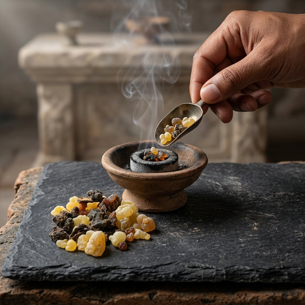 Close-up of resin granules spilling from a vintage scoop onto a textured surface near a ritual altar, emphasizing micro-texture and colors.