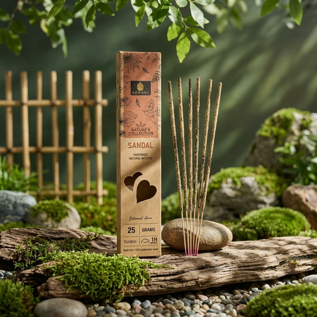 Small sandalwood incense in a bamboo holder in a Zen garden scene with moss and rocks.