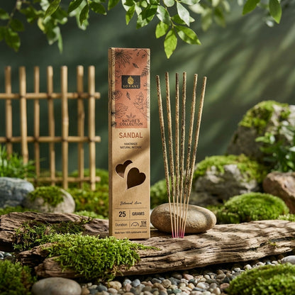 Small sandalwood incense in a bamboo holder in a Zen garden scene with moss and rocks.