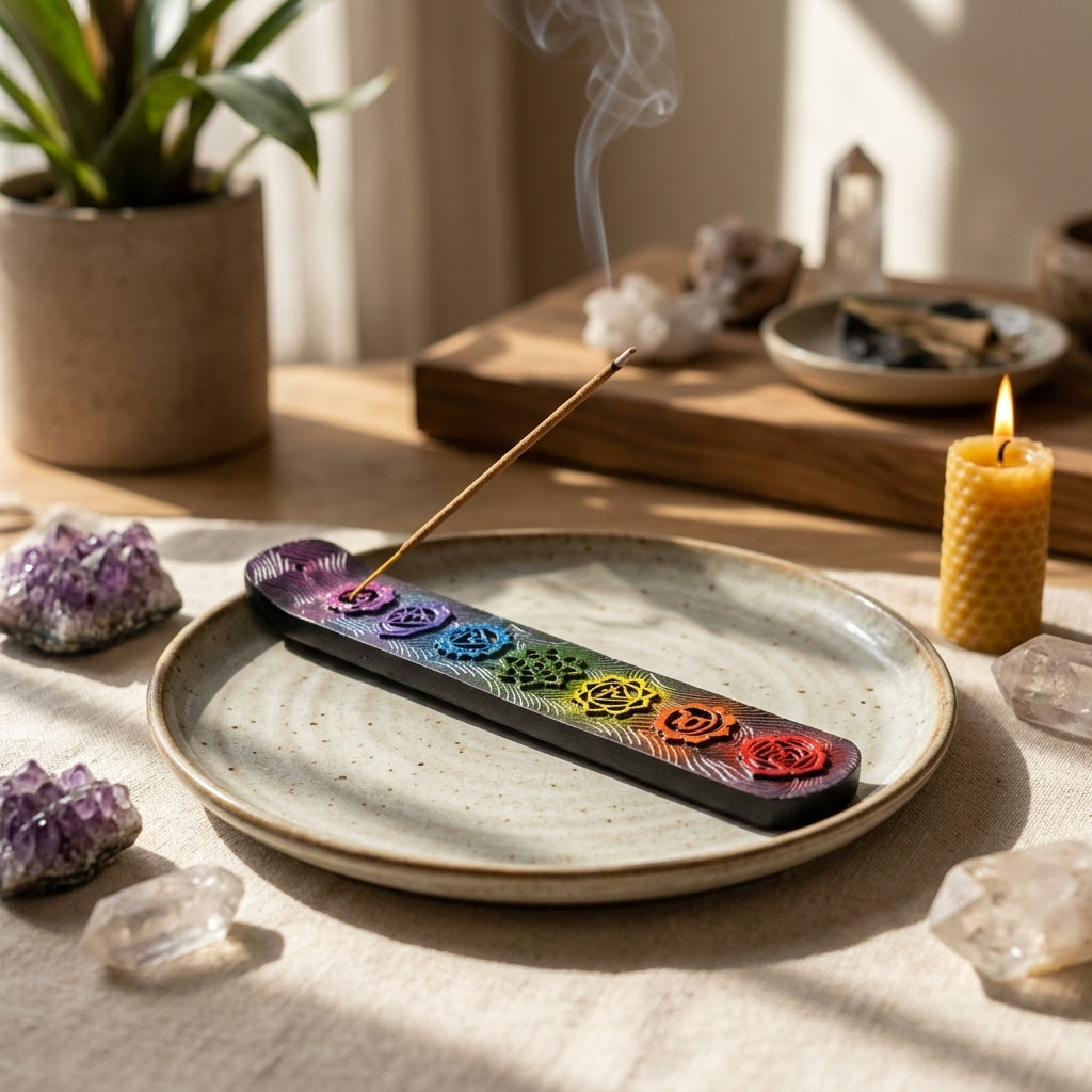 Ritual scene with tiny Seven Chakra Incense Burner on ceramic plate surrounded by crystals and candles in natural light.