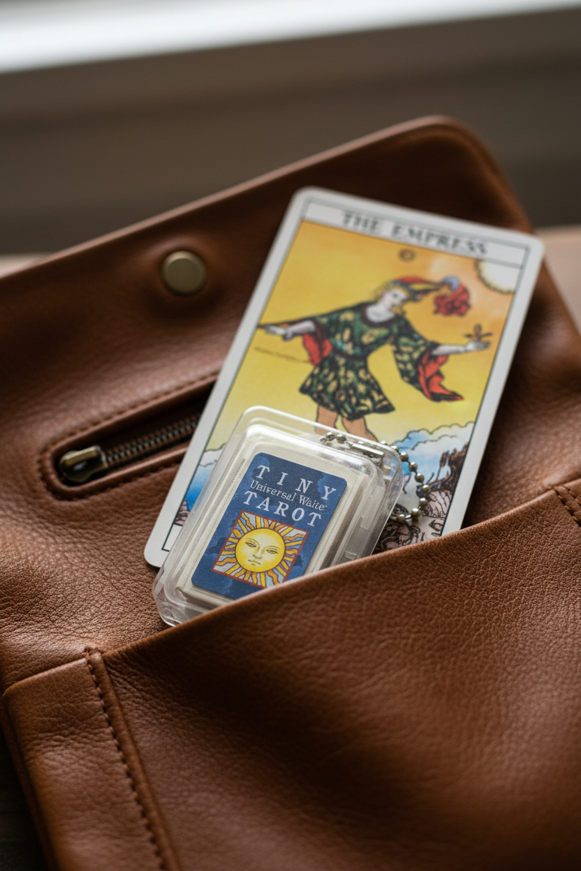 Tiny Tarot inside leather bag next to full-size card