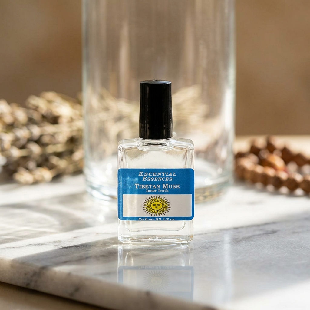 Close-up of a 1/2oz Tibetan Musk Essential Oil bottle with amber hue, glass texture, and delicate label, set on a reflective marble surface in natural sunlight.