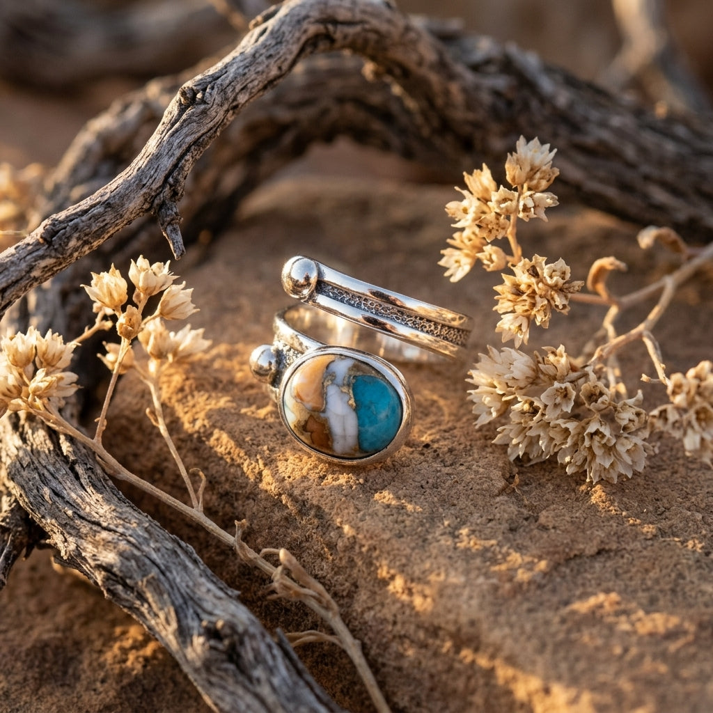 Size 6 turquoise spiny oyster ring nestled among dried desert flowers, captured in warm golden hour light.