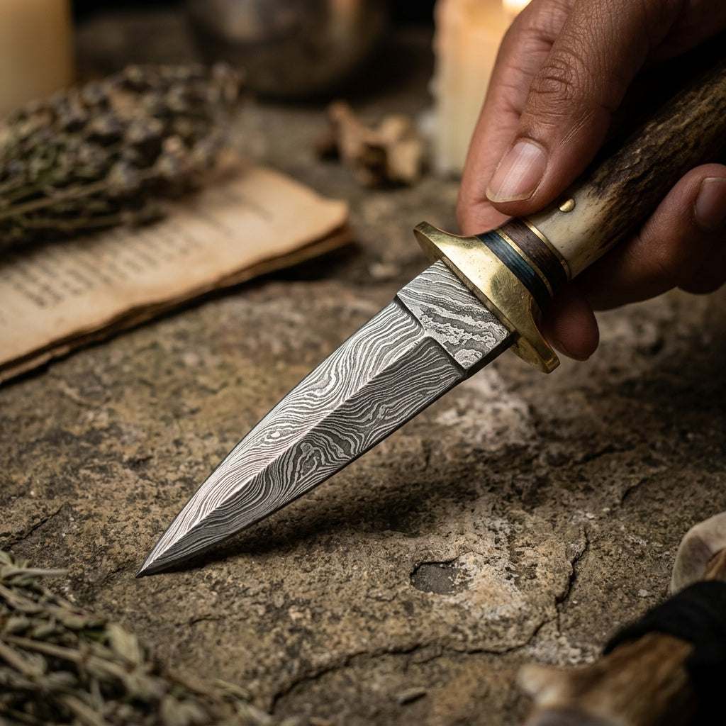 Close-up of the tip of Bone Damascus athame showing fine micro-texture and craftsmanship in natural lighting.