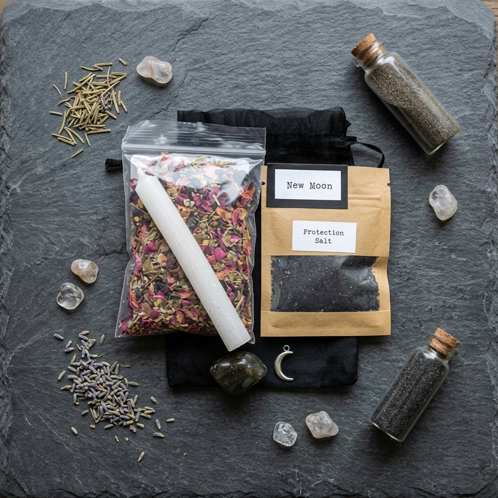Overhead view of the ritual kit on a natural stone surface, featuring herbs, parchment, moon charm, salt, candle, and labradorite with organic background elements.