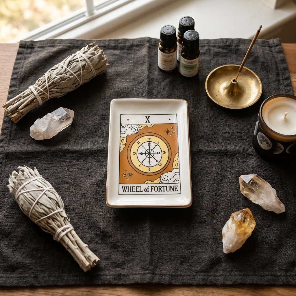 Top-down perspective of the Wheel of Fortune Tarot Dish on a textured fabric cloth, surrounded by incense, quartz crystals, and oils, highlighting themes of abundance and harmony.