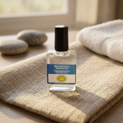 Small Tranquility Essences Oil bottle on rustic linen with warm lighting, surrounded by relaxing bathroom accessories and stones.