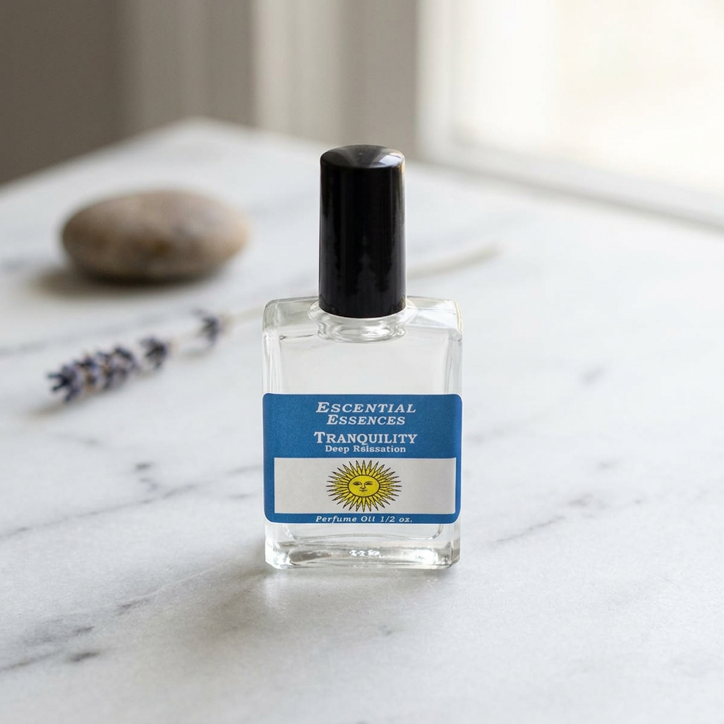 Full-body scene of 1/2oz Tranquility Essences Oil bottle on white marble, highlighting its compact size and calming natural lighting.