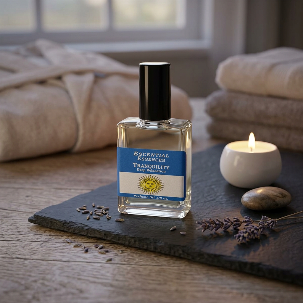 Petite Tranquility Essences Oil bottle on slate tray among lavender, candle, and spa decor with soft ambient lighting.