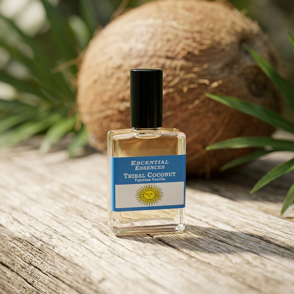 Close-up of 1/2oz Tribal Coconut Escential Essences Oil bottle on wooden surface, highlighting textured label and amber oil.