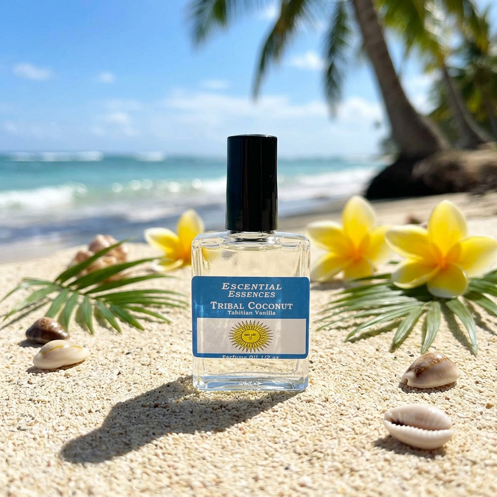 Full scene of Tribal Coconut Essences Oil bottle on sandy surface with palm leaves and flowers, evoking paradise and happiness.