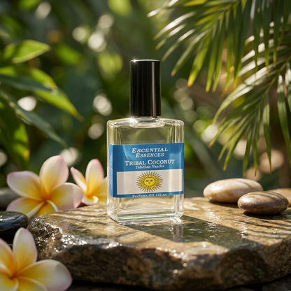 High-resolution side view of Tribal Coconut Oil bottle on polished stone with natural outdoor lighting and shadows.