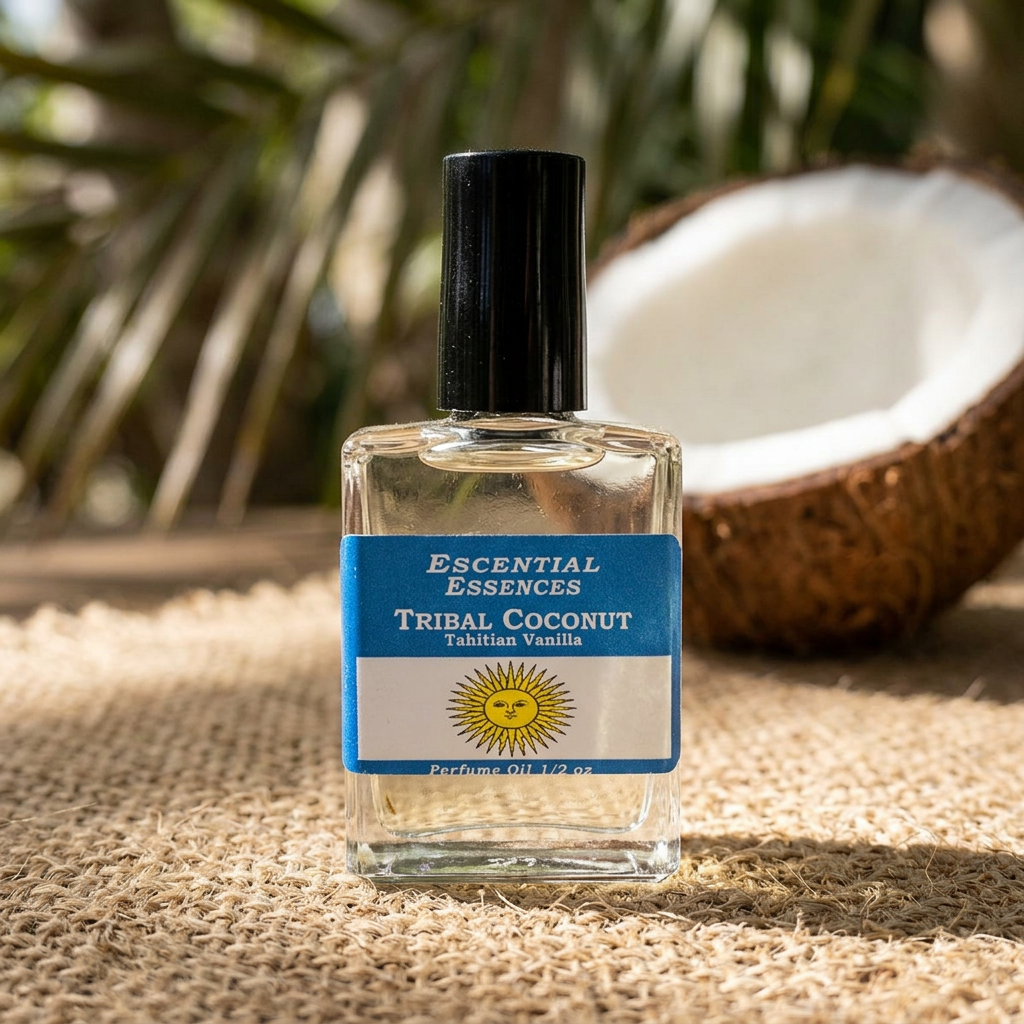 Detailed close-up of Tribal Coconut Essences Oil bottle cap showing textured details and minimalist design.