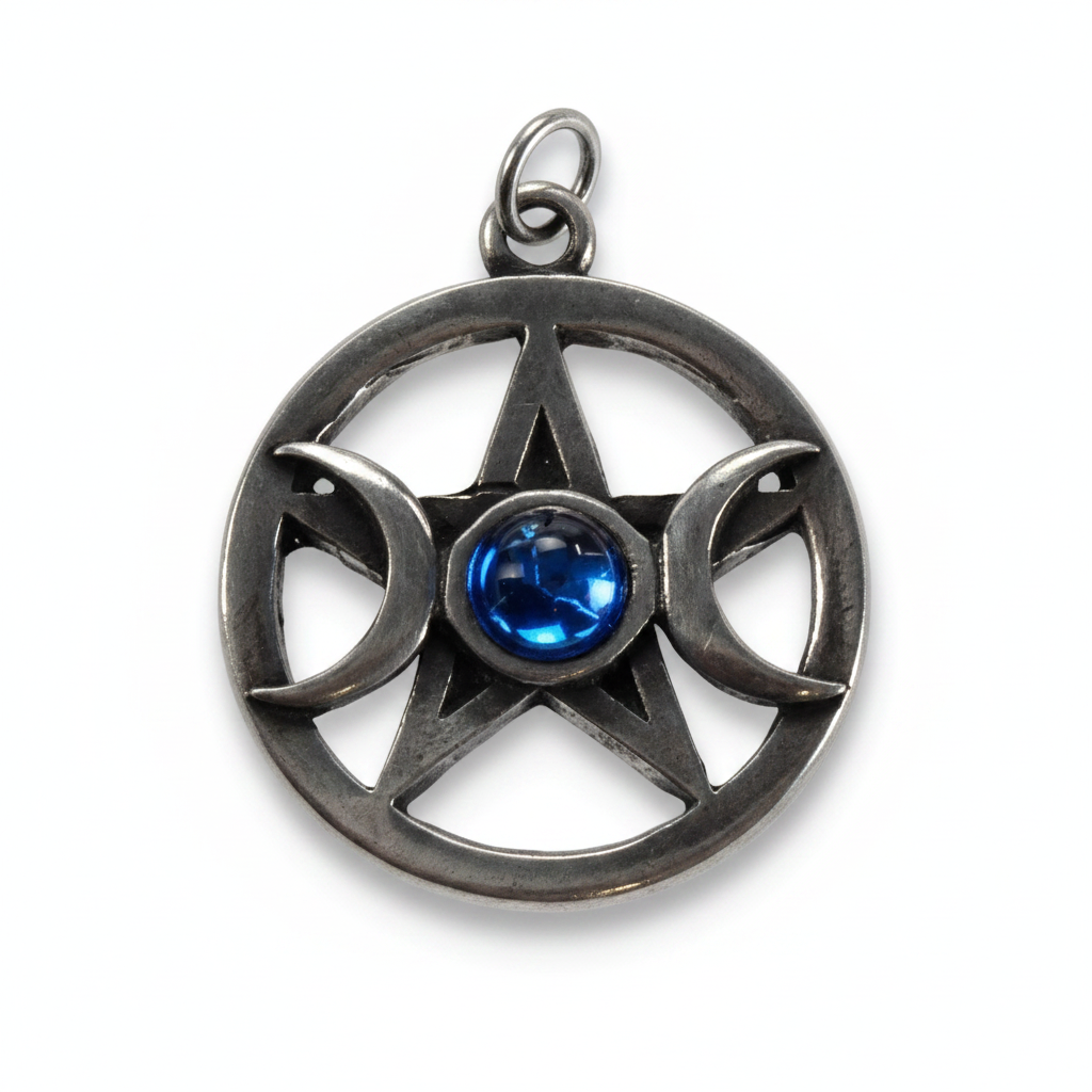 Triple Moon Pentacle Pendant, Pewter, 1 Inch