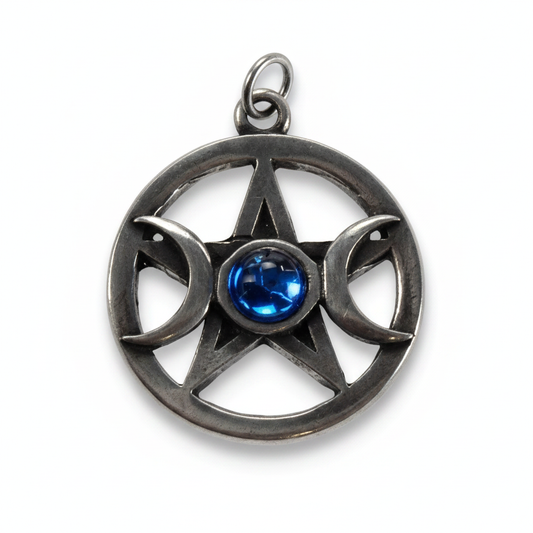 Triple Moon Pentacle Pendant, Pewter, 1 Inch