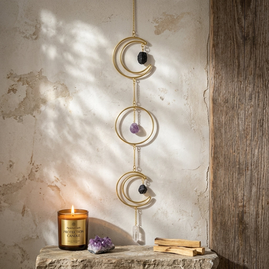 Photorealistic scene of a triple moon wreath with stones hanging on a natural stone wall in a serene spiritual setting, highlighting its detailed craftsmanship.