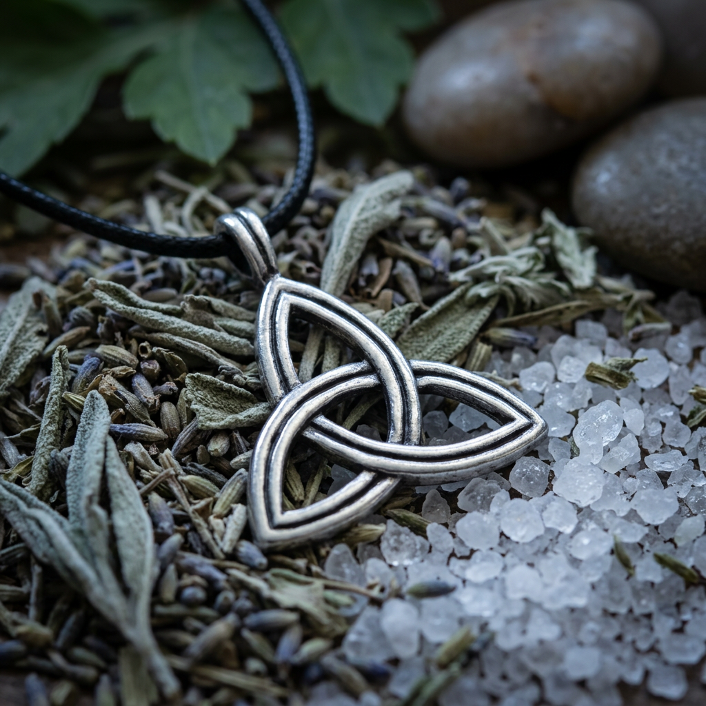 Realistic depiction of a small pewter Triskele amulet on dried herbs and salt in a tranquil, moonlit natural environment.