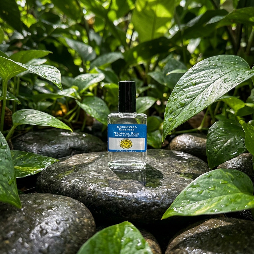 Full-body view of tiny 1/2oz Tropical Rain essential oil bottle among lush tropical foliage, illuminated by natural sunlight on a polished stone surface.
