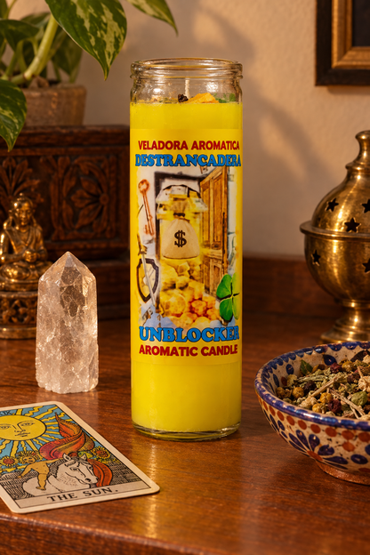 Unblocker (Destrancadera) Aromatic Jar Candle, styled on altar