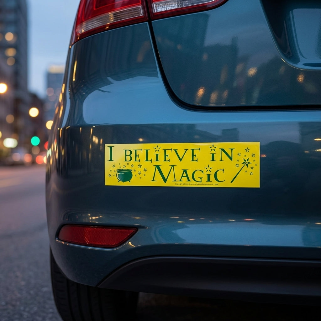 Cinematic dusk shot of the 'I Believe In Magic' bumper sticker on a reflective car with city lights in background.