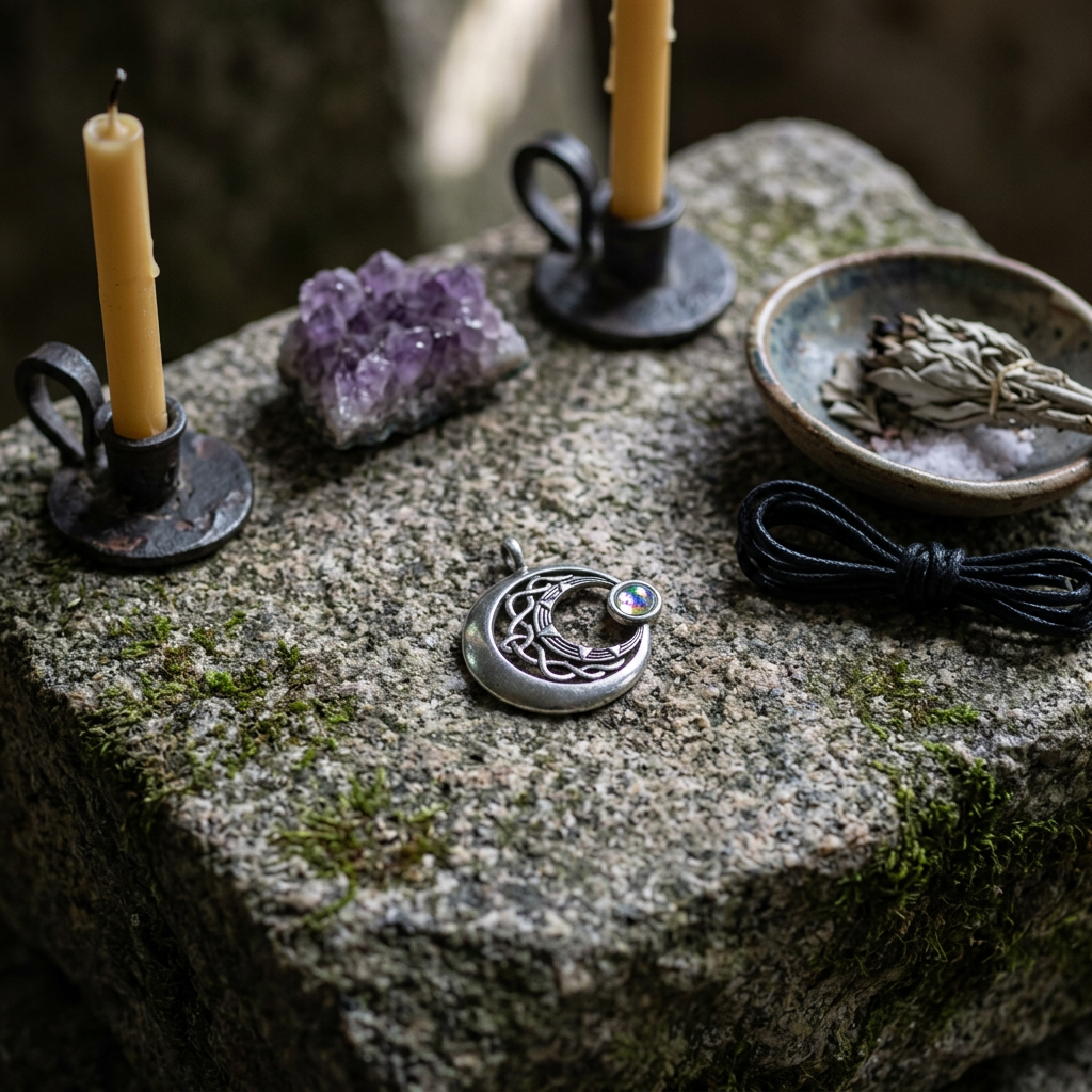 Artistic scene of the Venus Rising Celestial amulet on ancient ritual altar under moonlight, surrounded by sacred objects.