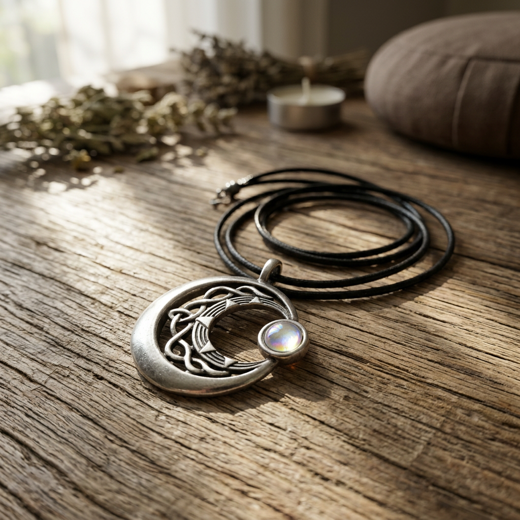 Photorealistic scene of the Venus Rising Celestial amulet resting on textured wood, highlighting Celtic knotwork and gemstone detail in sacred space.