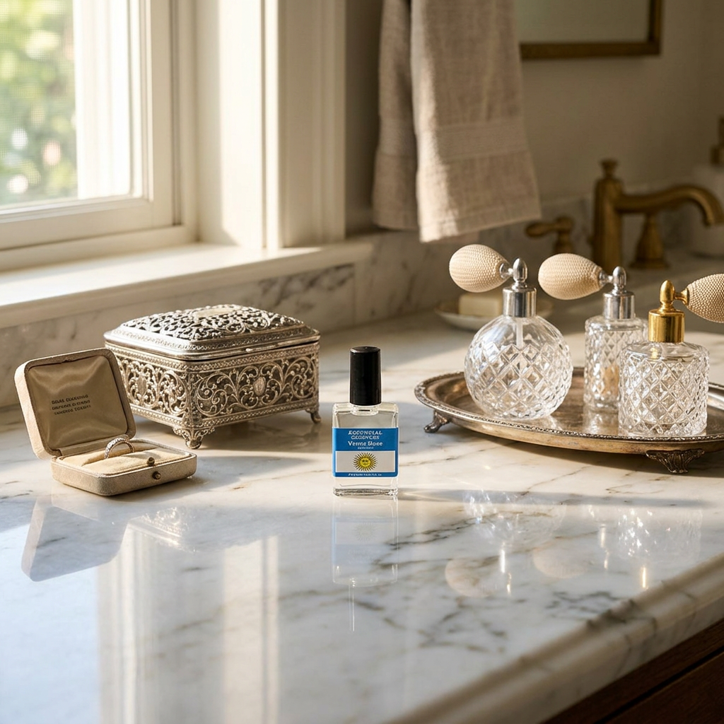 Full-body view of 1/2oz Venus Rose Esscential Oil on marble countertop, surrounded by jewelry and perfume in a well-lit home setting.