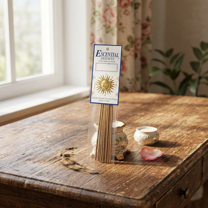 Full-body scene of Venus Rose incense sticks in a gold-accented holder on a vintage wooden table in a floral-themed room.