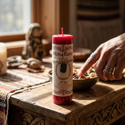 Red pillar candle and Geba rune necklace set symbolizing love, trust, and mutual connection in a spiritual ritual scene.