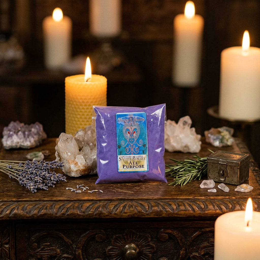 Full-body scene of tiny sachet powder on vintage wooden altar with candles and crystals, emphasizing its role in mystical rituals with warm ambient lighting.