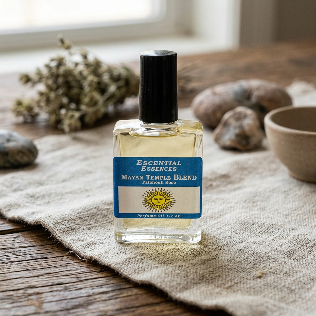 Scene of the Mayan Temple perfume oil bottle resting on rustic linen on vintage wooden table, lit by natural daylight with earthy background elements.