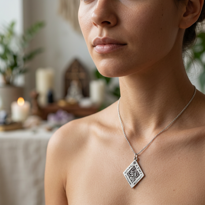 Model wearing Discover Treasures Amulet in a serene ritual environment with natural light and blurred spiritual elements.