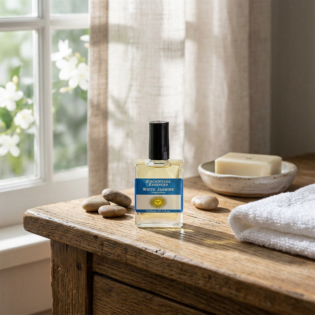 Close-up of 1/2oz white jasmine essential oil bottle in a rustic bathroom setting, highlighting purity and micro-details of glass and oil.