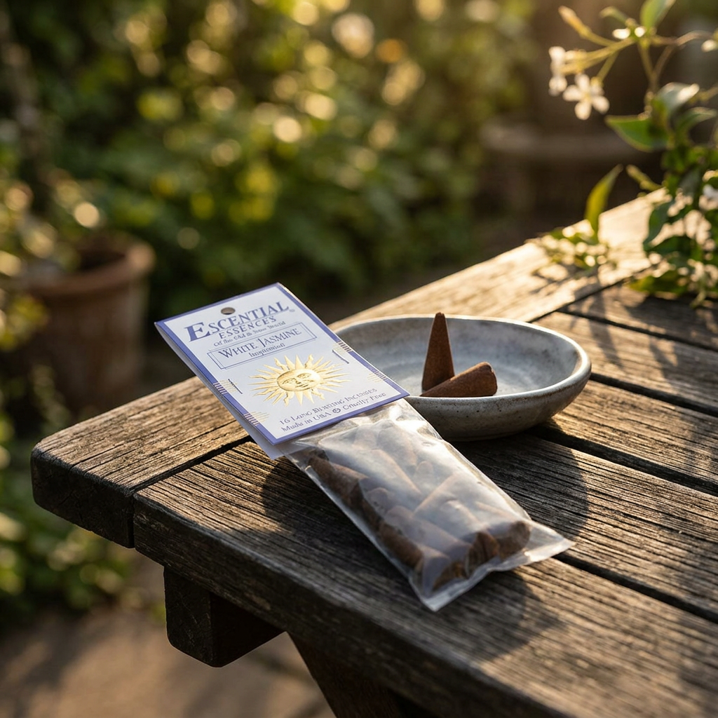 Single white jasmine incense cone on ceramic dish outdoors during golden hour, natural light, blurred garden background.