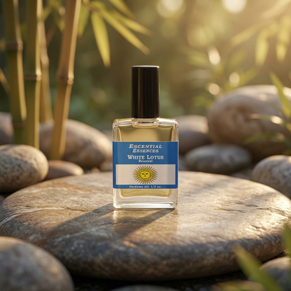 Side view of White Lotus Essential Essences Oil on stone during golden hour with bamboo surrounds, evoking natural renewal and tranquility.