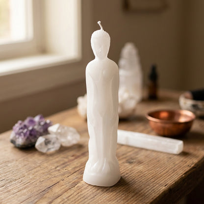 Photorealistic scene of a small white protection candle on a natural wooden altar in a serene meditation room, highlighting purity and calm.