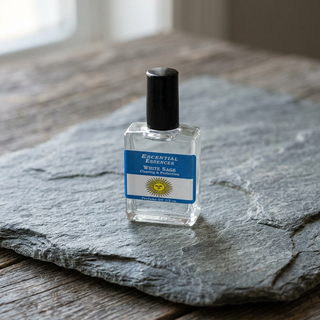 Close-up of 1/2oz white sage essential oil bottle on natural stone, showcasing glossy glass and white label with earthy wooden background.