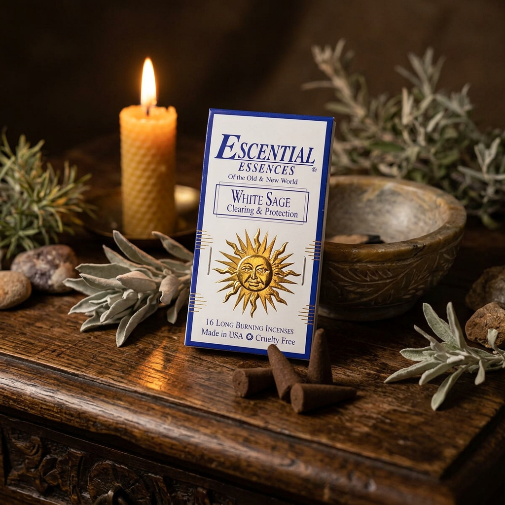 Full-body scene of the white sage incense cones package on a textured wooden altar with candlelight, desert plants, emphasizing ceremonial use.