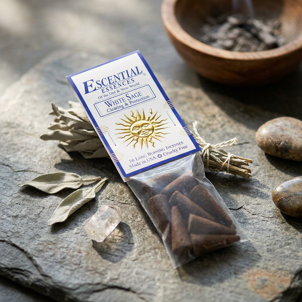 Close-up of a pack of 16 white sage incense cones in a sleek white box on a natural stone surface with soft sunlight highlighting textures.