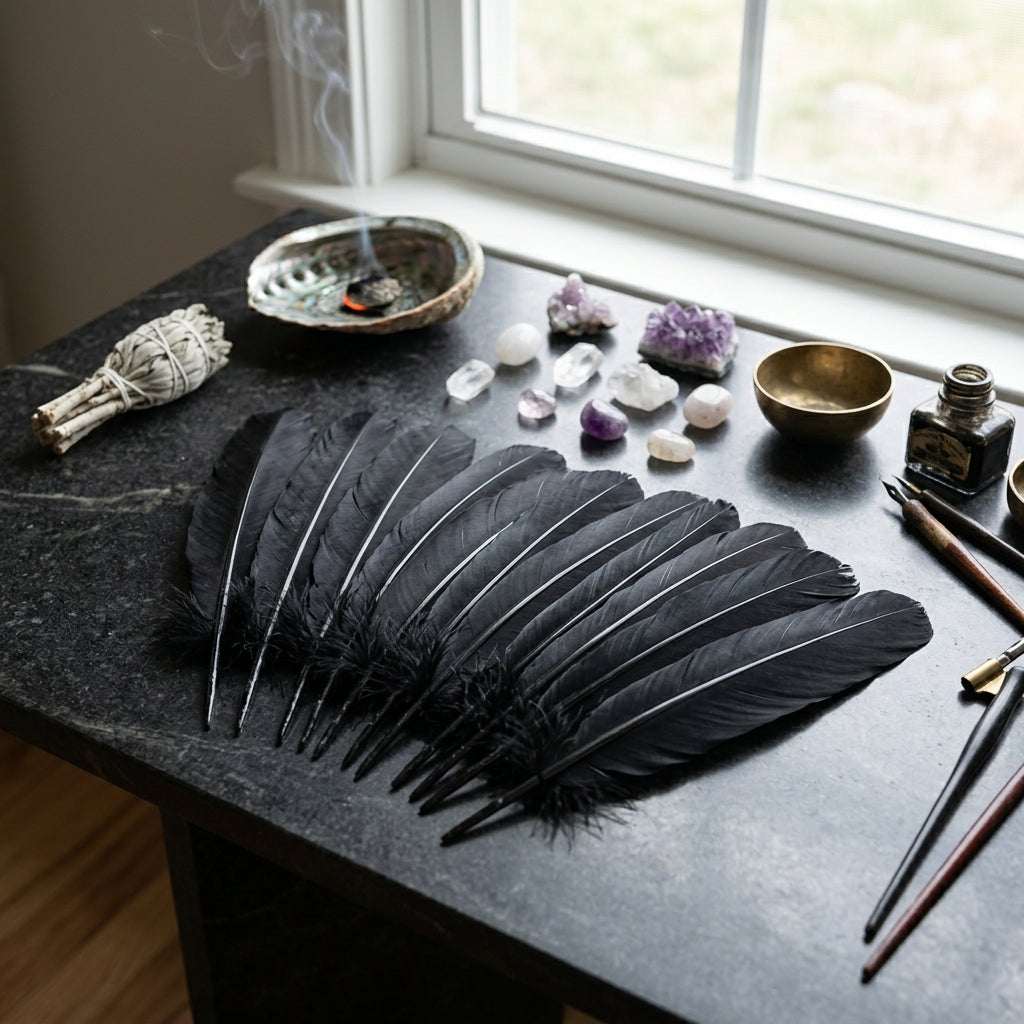 Set of 10 black feathers on a dark polished altar surrounded by ritual tools, captured in natural daylight for a spiritual protection scene.
