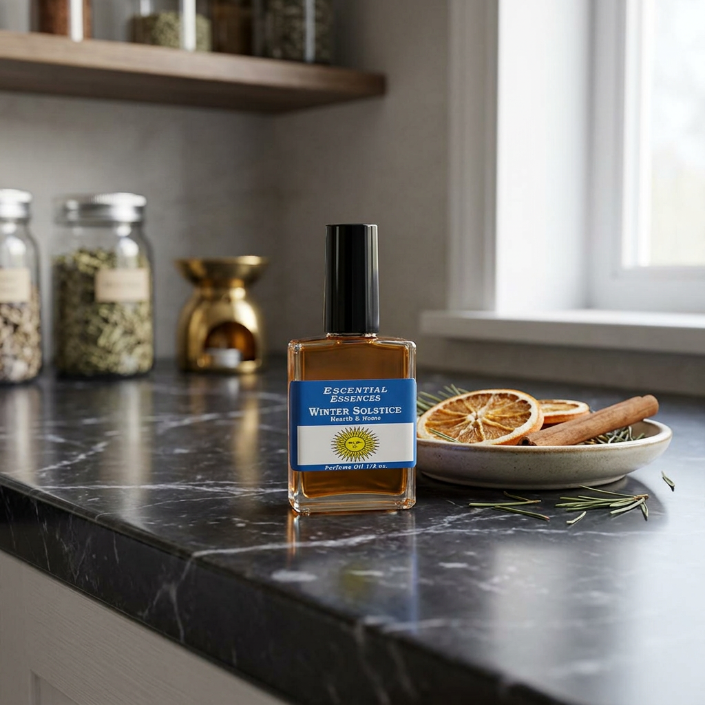 Full-body shot of 1/2oz Winter Solstice essential oil bottle on polished marble counter in modern home decor, emphasizing translucent glass and label.