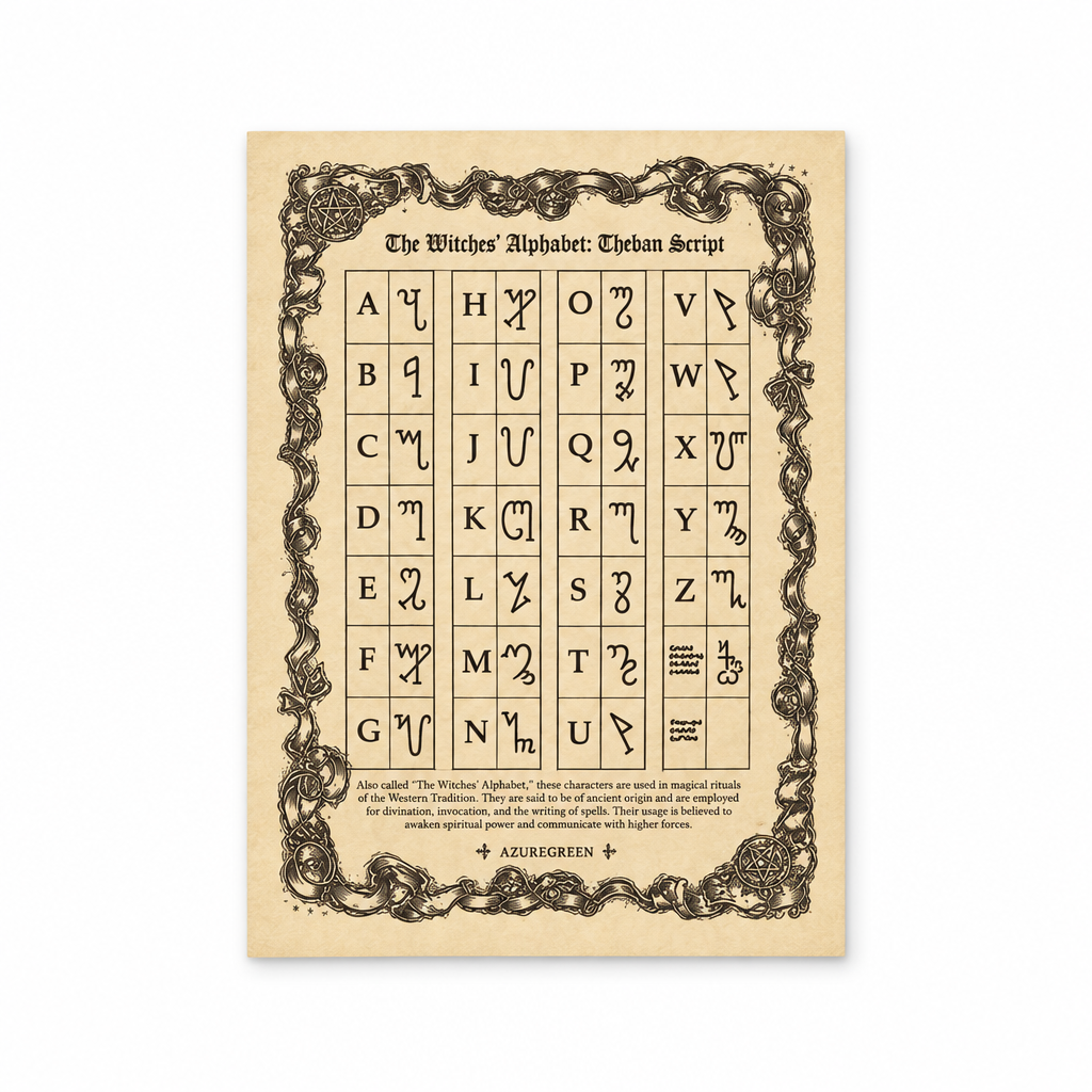 Witches' Alphabet Poster, Theban Script, by AzureGreen, 8.5 x 11 Inch