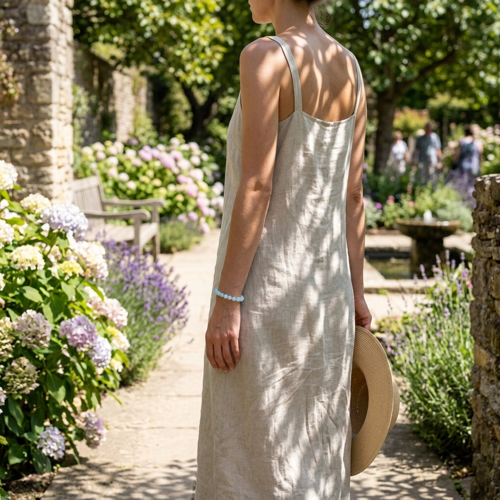 Full-body of a woman with a delicate aquamarine bracelet on her wrist, sitting in a sunlit garden, emphasizing its petite size and subtle beauty.