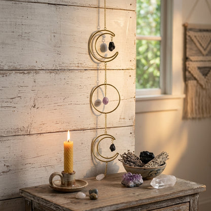 Photorealistic image of the wreath above a small altar with candles, herbs, and crystals, bathed in warm natural light for a calming ritual ambiance.