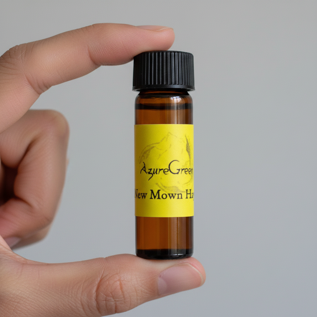 Yellow Label New Mown Hay Oil, 2 Dram, held in hand