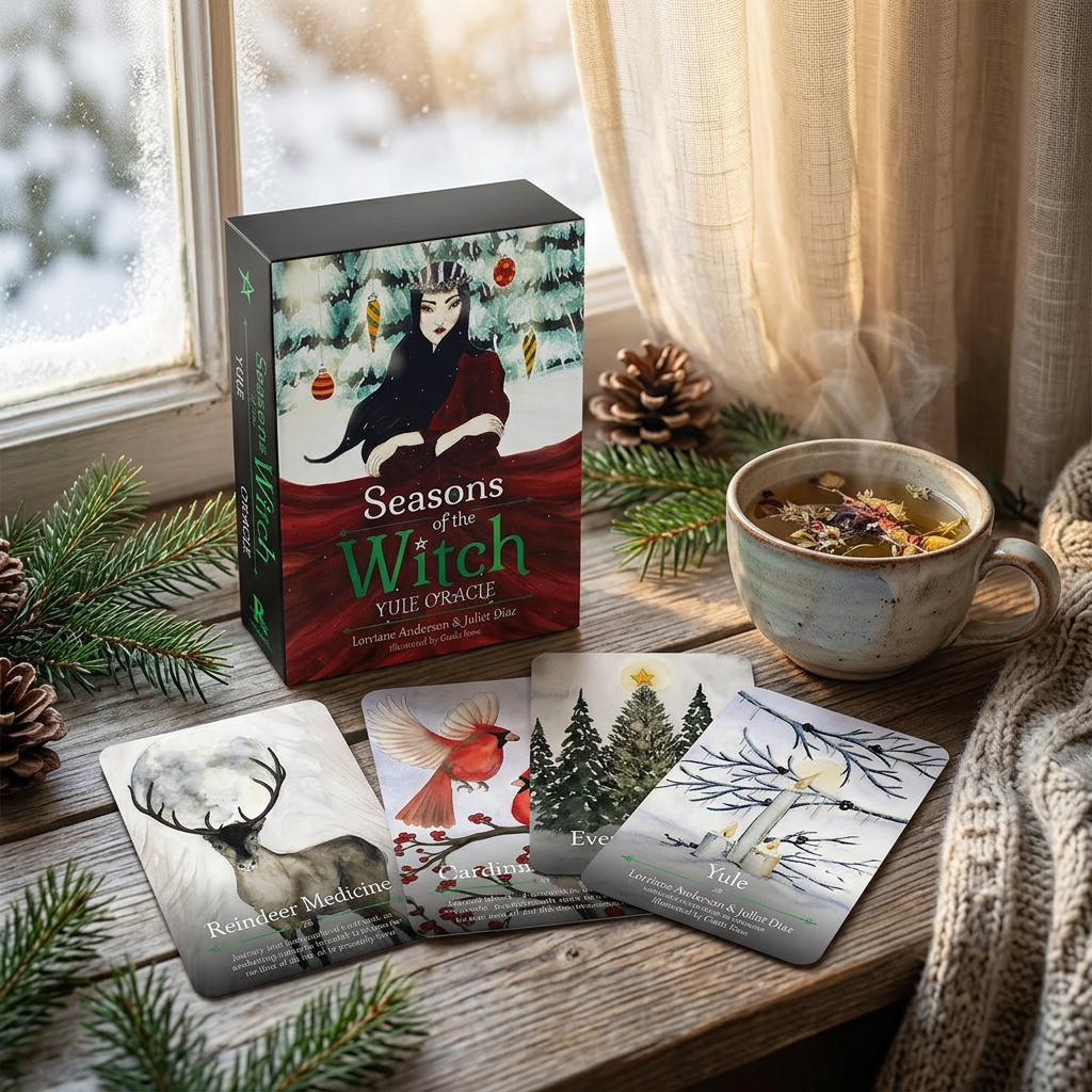 Photorealistic scene of Seasons of the Witch Yule Oracle deck on a windowsill, surrounded by tea, evergreen sprigs, and blanket in morning sunlight.
