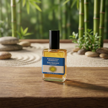 Close-up of 1/2oz Zen Garden essential oil bottle on wooden surface with zen garden elements in soft natural light.
